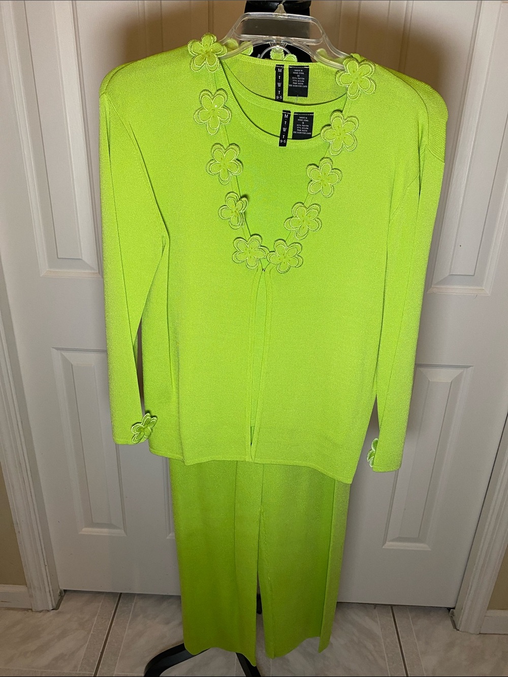M.T.W.T 3 pc Bright Lime Green Floral Trim Knit a Cardigan, Top and Pant Set